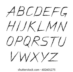 Painted Abc. Grungy design thin letters. Handwritten font. Sans serif alphabet. Distress texture. Brush strokes. Grunge torn edges style. Paintbrush italic symbols. Black white vector.