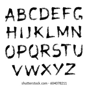Painted Abc. Handwritten font. Grungy design regular letters. Sans serif alphabet. Distress texture. Brush strokes. Grunge torn edges style. Paintbrush upright symbols. Bold vector.