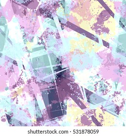 Painted abstract background with stripes and grunge stains. Grey, purple, yellow, white. Seamless vector.
