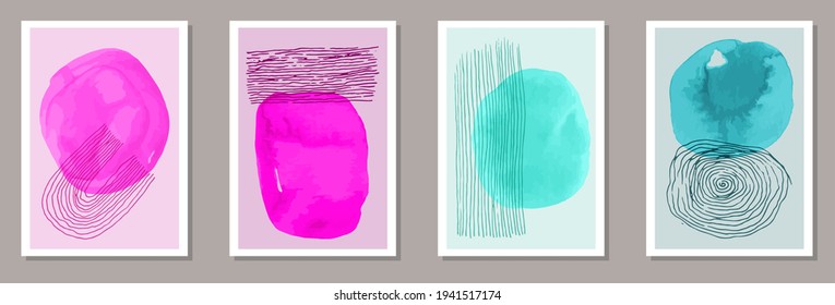 Painted abstract banners vector collection. Watercolor splashes backgrounds. Japanese style design. Stylish wall poster layouts. Scribble elements.