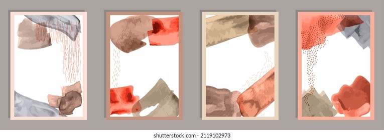 Painted abstract postcards vector collection. Watercolor smears collage. 60s style prints. Youth office poster layouts. Brush stroke elements.