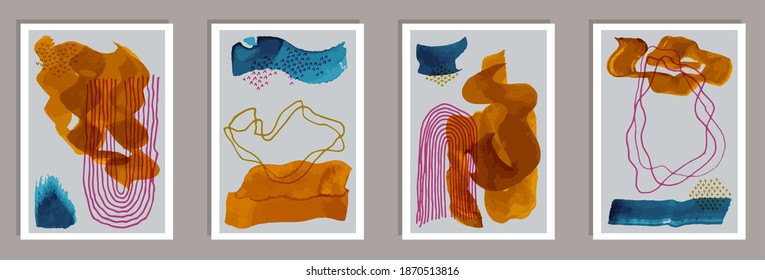 Painted abstract posters vector set. Watercolor splats collage. Chinese style prints. Stylish wall poster templates. Brush stroke elements.