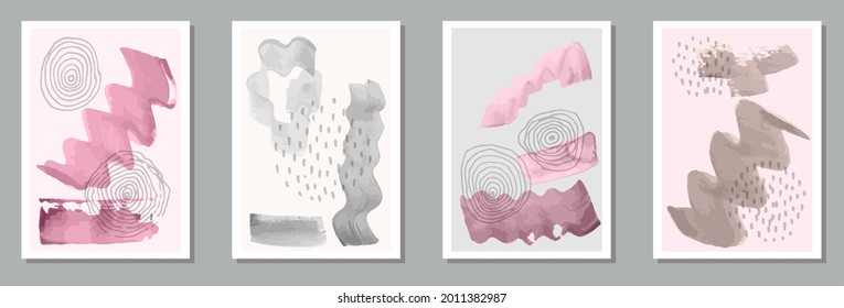 Painted abstract posters vector set. Watercolor stains backgrounds. 50s style design. Stylish banner templates. Scribble elements.
