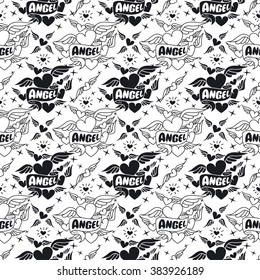 Painted Angel hearts, seamless pattern