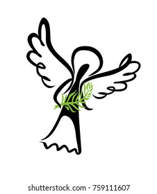 Painted Angel with a palm branch. Simple vector illustration of a free hand line.
