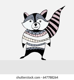 Painted Animated Character Of Wild Raccoon Animal. Isolated. Vector Illustration. Graphic Drawing. 