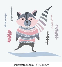 Painted Animated Character Of Wild Raccoon Animal. Isolated. Vector Illustration. Graphic Drawing. 