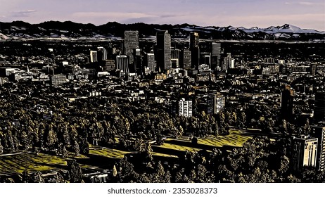 Painted areal view of the Denver Colorado skyline with the Front Range of the Rocky Mountains in the background svg