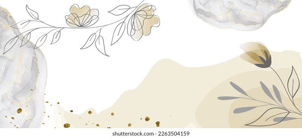 Painted background with leaves, branches, flowers and watercolor spots. Botanical linear art. Vector creative frame with a place for text for invitations, banners, web, social networks.