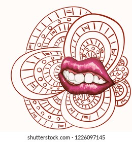 Painted background with mouth biting lip. The mouth on the body background is biting the lip from the crap something to eat.