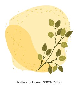 Painted background with plant elements and spots. Botanical fine art with branches and leaves. Vector design. Creative frame with space for text for invitations, banners, web pages