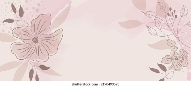 Painted background with plant elements and watercolor spots. Botanical line art with flowers and leaves. Vector design in pink tones. Creative frame with space for text for invitations, banners, web