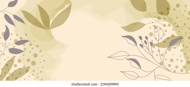 Fondo pintado con elementos vegetales y manchas acuáticas. Arte de línea botánica. Diseño vectorial en tonos olivos. Marco creativo con espacio para texto para invitaciones, banners, web, redes sociales.