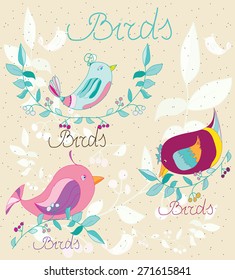 painted background with three birds on the branches,kids
