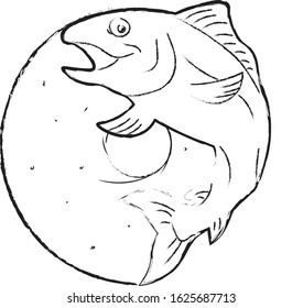 painted bagel with fish. bagel, around which the fish twists. the bagel with salmon