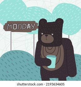 A painted bear with coffee on Monday morning. vector fairy art