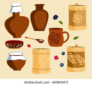 Painted birch bark containers, ceramic pots and berries