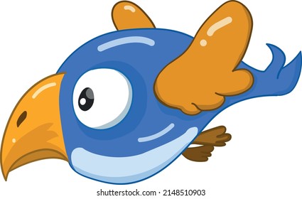 Painted bird in cartoon style. Blue bird with brown wings, beak and paws. The bird flies and looks ahead.