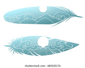 Painted bird feathers. Vector hand drawn illustration in boho style.