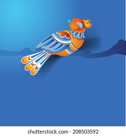 painted bird sitting on a branch on a blue background, magical fairy bird