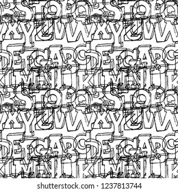Painted black pattern with three-dimensional alphabet on white background.
