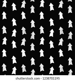 Painted black pattern with vintage arrows on black background.