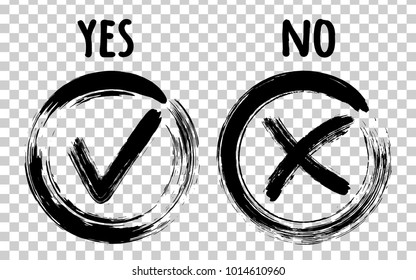 Painted black symbolic OK and X approval icons in round frames. Tick and cross signs, check marks graphic design. YES and NO approve and reject symbol vector labels on transparent.