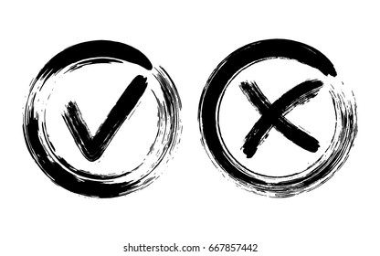 Painted black symbolic OK and X approval icons in round frames. Tick and cross signs, check marks graphic design. YES and NO acceptance and rejection symbol vector buttons for vote, election choice.