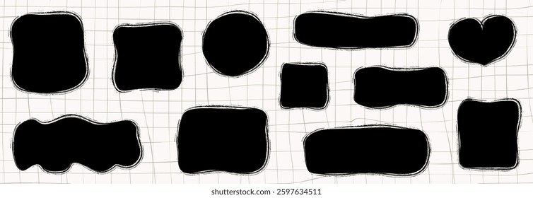 Painted black vector fun organic blob shapes, asymmetrical doodle frames, border, text box, speech bubbles graphic design elements