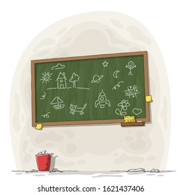 Painted blackboard with chalk, sponge and trash can. Hand drawn vector illustration with separate layers.