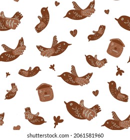 painted brown birds hand made seamless pattern.