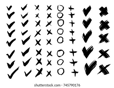 Painted brush check mark, cross sign, plus, zero sign. Isolated, vector.