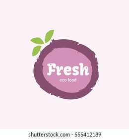 Painted brush fruit in aubergine and pink color. Vector logo template for vegan cafe or restaurant.