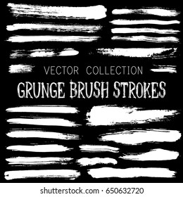 Painted brush stroke stripes vector collection - white on black background. Paint dabs, artistic lines, grunge brushstroke elements set. Ink or watercolor stripes.