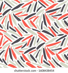 Painted brush strokes seamless vector pattern. Black and red line brushstrokes on a white background. Scribble smears for wallpaper, wrapping paper. Modern ink illustration. Abstract rough texture. 