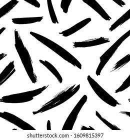 Painted brush strokes seamless vector pattern. Black line brushstrokes on a white background. Scribble smears for wallpaper, wrapping paper, fabric. Modern ink illustration. Abstract rough texture. 