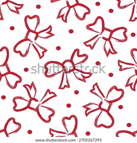 Painted brushstroke bows with spots seamless vector pattern background. Red ribbon on white ground with polka dots. Valentines day or Christmas repeat backdrop. Relaxed hand drawn style.