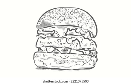 painted burger big delicious sandwich vector illustration vintage style