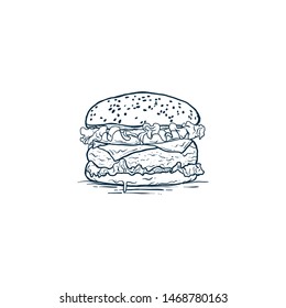 painted burger, great delicious sandwich, vector illustration, vintage style