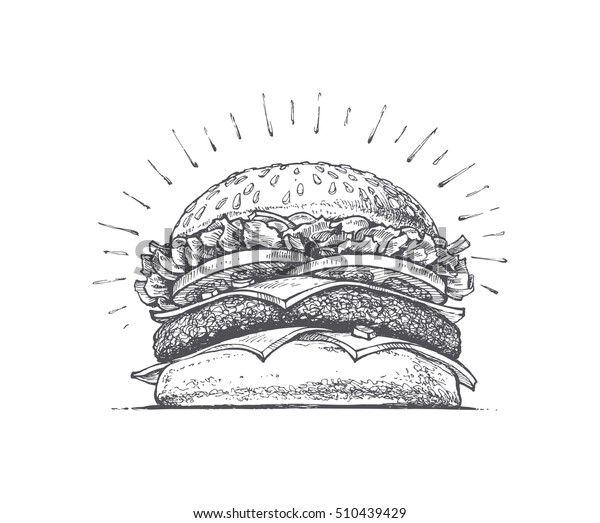 painted burger, great delicious sandwich, vector\
illustration, vintage\
style