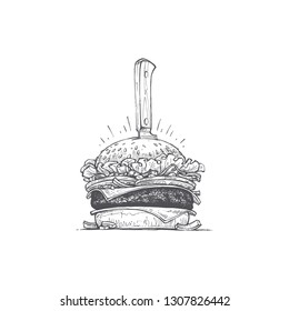 painted burger, burger knife, great delicious sandwich, vector illustration, vintage style