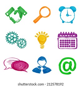 Painted business icons set of handshake magnifier alarm clock isolated vector illustration.