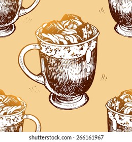 Painted by hand with a cup of hot chocolate and cream. Cup with cream, coffee, cocoa. Isolated vector illustration. Pattern