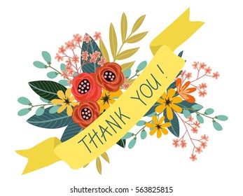 Painted by hand isolated vintage bouquet with ribbon. Thank you vector illustration.