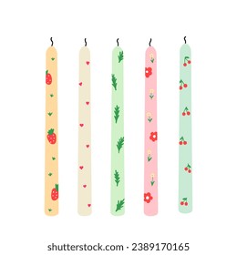 painted candles, figured candle in different design. Vector Illustration for backgrounds and packaging. Image can be used for greeting cards, posters and stickers. Isolated on white background.