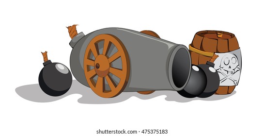 Painted cannon and barrel on a white background. Vector color clip art. Picture for coloring book.