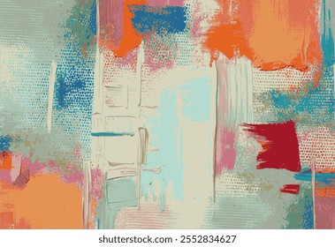 Painted canvas artwork, modern vector abstract backdrop design. Rough textured brush strokes painting, colorful illustration with a mix of cool blues and warm orange