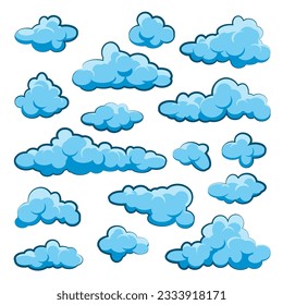 Nubes de dibujos animados pintados sobre fondo azul. Simple nube redonda dibujada a mano, panorama del cielo de verano, paisaje nublado. Diseño plano. Ilustración del vector