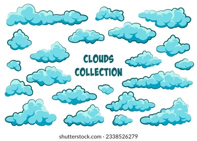 Painted cartoon clouds on blue background. Simple hand drawn round cloud, summer sky panorama, cloudscape. Flat design. Vector illustration