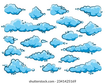 Painted cartoon clouds on blue background. Simple hand drawn round cloud, summer sky panorama, cloudscape. Flat design. Vector illustration